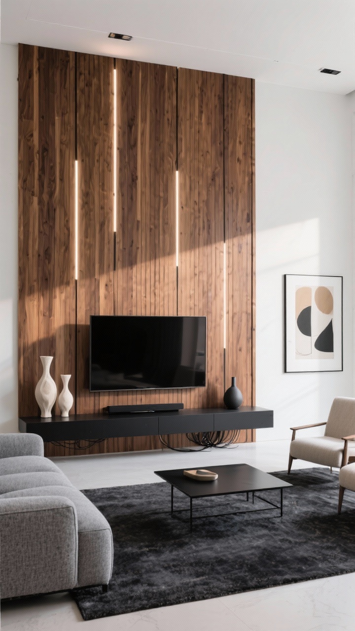 Wide shot, straight-on view: A modern living room featuring a full-height warm oak vertical slat wall running floor to ceiling with a flush-mounted TV; a matte-black floating console spans the TV zone, hiding cables and clearing the floor. Soft white walls, a charcoal rug under a low-profile textured gray sofa, black metal coffee table, and two linen accent chairs. Slim wall-washer lights graze the slats to create shadow play. Minimal decor: two sculptural vases on the console and framed abstract art on the adjacent wall. Photorealistic, clean, built-in vibe.