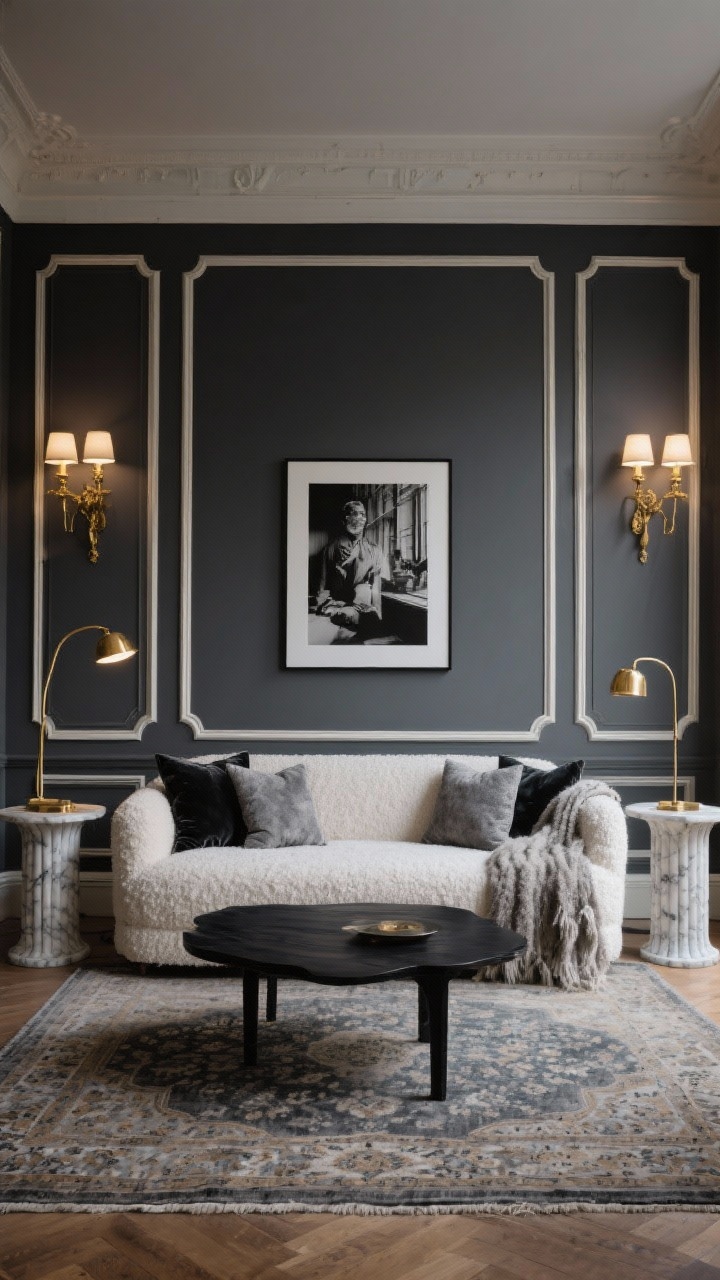 Wide shot, straight-on view: A Parisian-inspired living room with satin charcoal walls and tall panel molding painted the same charcoal, creamy ivory trim, and brass swing-arm sconces providing warm museum lighting. A bouclé ivory sofa anchors the space beside fluted marble side tables; a blackened oak coffee table sits on a vintage Persian rug in smoky grays and faded taupe. Brass picture lights illuminate oversized black-and-white photography; mohair throws and velvet pillows in stone and slate add texture. Photorealistic, evening glow with brass accents sparkling subtly.