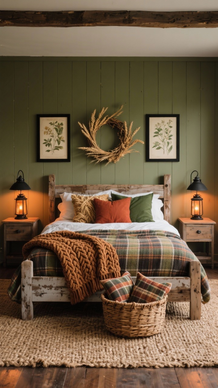 Wide shot, straight-on view: A rustic harvest retreat bedroom with a weathered reclaimed-wood bed frame layered with plaid flannel sheets, a chunky caramel cable-knit throw, and pillows in rust, wheat, and forest green. Board-and-batten accent wall painted muted olive behind the bed. Braided jute rug underfoot. Simple shaker nightstands flanking the bed with black metal lantern lamps casting a soft amber glow. Vintage botanical prints in black frames above, a dried wheat wreath centered over the headboard, and a woven basket filled with plaid pillows at the foot. Warm evening lighting, photorealistic.