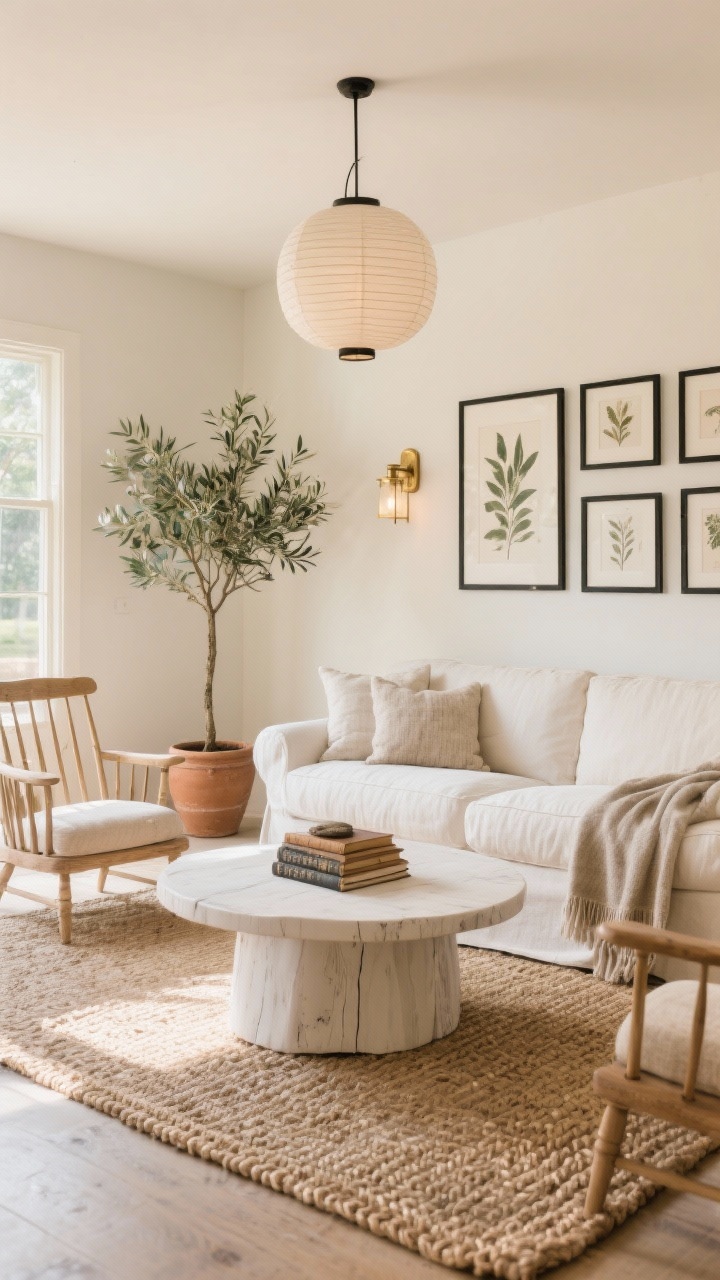 Wide shot, straight-on view: A serene modern farmhouse living room with warm alabaster walls, a deep slipcovered linen sectional in ivory anchoring the space, and a chunky rounded-edge white-oak coffee table centered on a braided jute rug. Include a pair of natural-finish spindle-back accent chairs, nubby linen pillows, a cashmere throw, brass library sconces casting a soft glow, and a paper lantern pendant overhead. Minimalist black frames with botanical prints line the wall. Place a tall olive tree in a clay pot beside the sofa and a small stack of vintage books on the coffee table. Bright daylight, soft and airy, photorealistic.