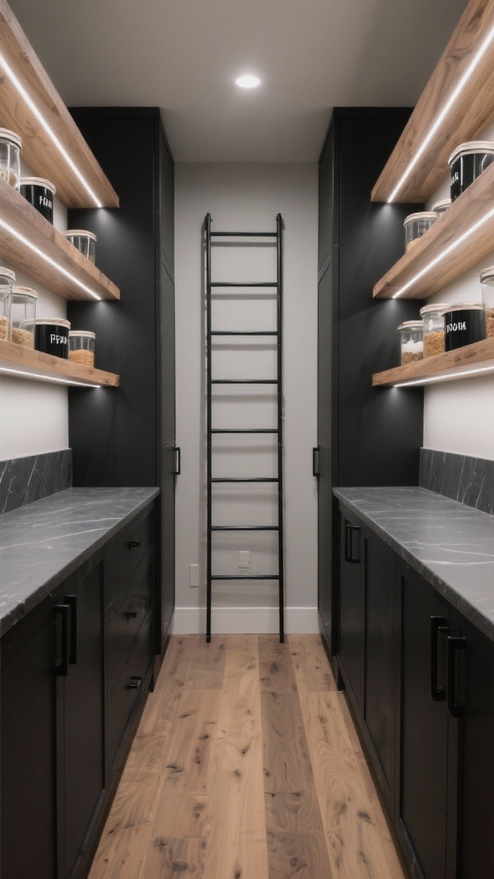 Wide shot, straight-on view: A sleek walk-in pantry with floor-to-ceiling matte black cabinetry, warm white-oak open shelves, and a slim black ladder rail; soft charcoal quartz counters with a low backsplash; walls painted soft greige; integrated LED strips under every shelf creating shadow-free illumination; square glass canisters with black lids labeled in minimalist white type; slim linear brushed-black hardware; wide-plank oak flooring that echoes the shelves; mood is modern, quietly dramatic, and cozy; photorealistic, no people.
