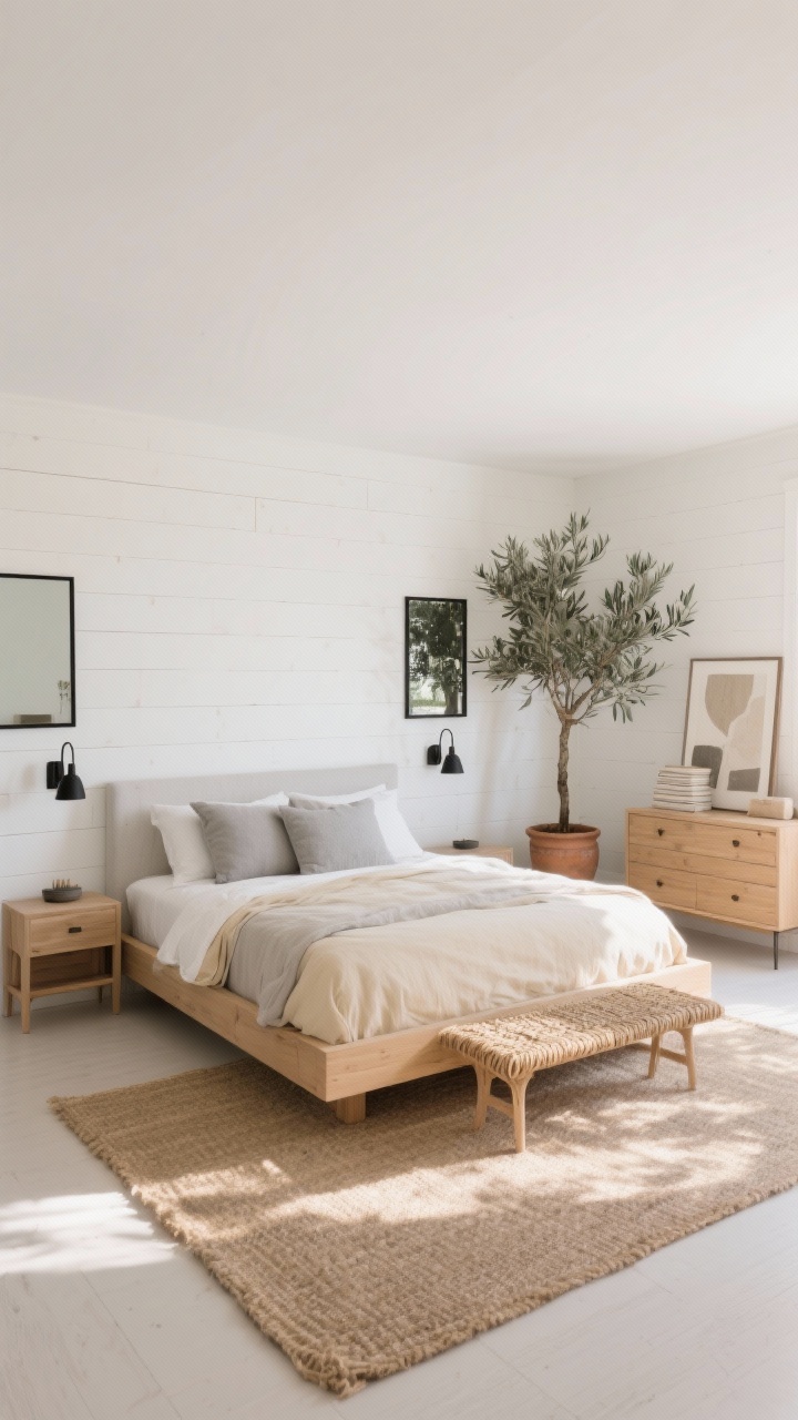 Wide shot, straight-on view: A sun-washed modern farmhouse bedroom with white shiplap walls, a low-profile natural oak platform bed dressed in warm cream linen bedding and pale stone-gray pillows, a jute area rug under the bed, pale oak nightstands, and slim matte black wall sconces. Include thin-framed black mirrors, a woven bench at the foot of the bed, an oversized olive tree in a clay pot, and a stack of neutral art leaning on a dresser. Soft morning natural light, airy and calm palette of soft whites, oat, pale gray, with subtle matte black accents. Photorealistic.