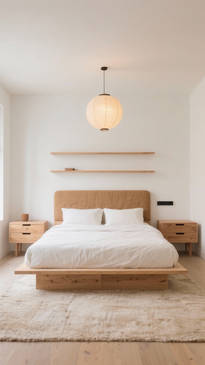 Wide shot, straight-on view: A warm minimalist sanctuary bedroom with a low-profile light oak platform bed featuring an integrated shelf-style upholstered headboard in warm linen; floating oak nightstands with hidden drawers flank the bed, and a narrow wall-mounted console faces the bed as a sleek media unit. Palette of soft white, oat, sand, and pale wood; under-bed drawers subtly visible. A plush neutral rug grounds the space, and a large paper lantern pendant casts a gentle ambient glow. No clutter, clean lines, photorealistic.