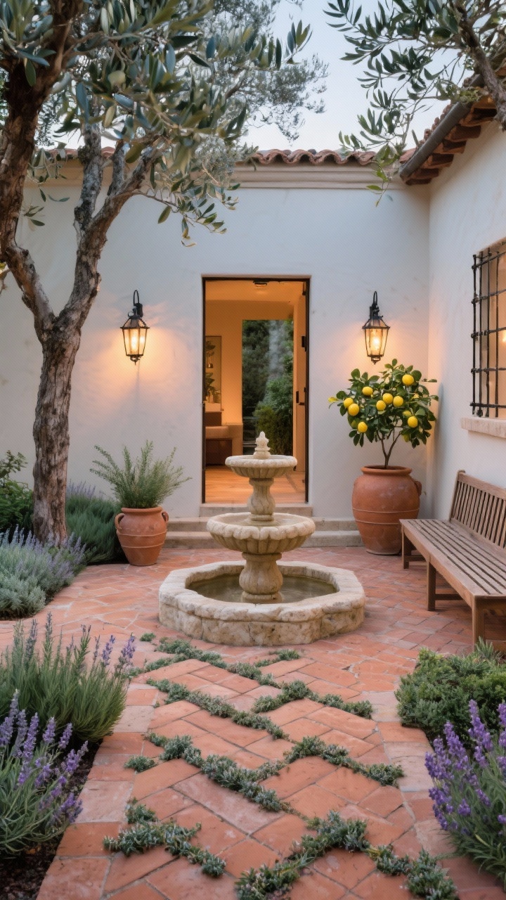 Wide shot, straight-on view of a Mediterranean courtyard entry: herringbone terracotta pavers with creeping thyme filling the joints, framed by low olive trees, rosemary, and lavender; a small tiered stone fountain centered; clay pots and limestone edging, wrought iron lanterns on walls, a slatted wood bench to one side and a lemon tree in a large urn; warm terracotta, dusty sage, silver-green, creamy limestone palette; soft uplighting on tree trunks at dusk; photorealistic, aromatic layered plantings and pocket plantings emphasized, no people.