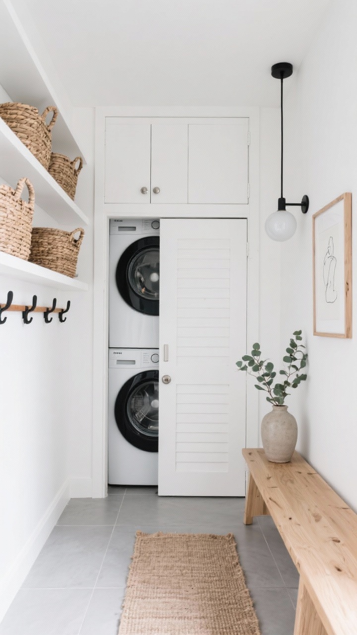 Wide shot, straight-on view of a minimalist Scandinavian mudroom-laundry: matte white flat-front cabinetry, stacked washer and dryer hidden behind a white slatted door, pale ash wood bench, soft gray porcelain floor; open shelves with woven baskets, slim rail with uniform black wooden hooks; brushed nickel pulls; lighting includes a frosted globe sconce and a simple black linear pendant; natural jute runner, small framed line drawing, eucalyptus branch in a stoneware vase; palette of white, ash wood, dove gray with black accents; clean, airy, photorealistic, no people.