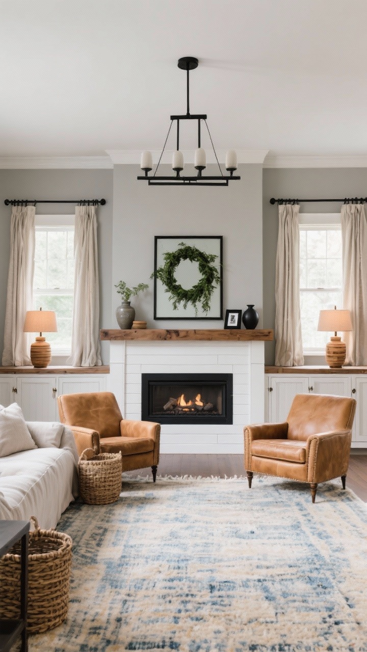 Wide shot, straight-on view of a modern farmhouse living room: greige walls, a wide electric fireplace with white shiplap surround and a chunky oak mantel styled with a black-framed mirror and trailing greenery as the focal point. A linen slipcovered sofa faces two camel leather club chairs across a hand-knotted rug in muted blues and creams. Black metal curtain rods with linen drapery elongate the windows. Low built-ins with shaker doors flank the fireplace. Lighting includes a black linear chandelier overhead and two wood-base table lamps. Accents: woven baskets, matte black frames, ceramic vases. Warm, layered lighting; photorealistic.