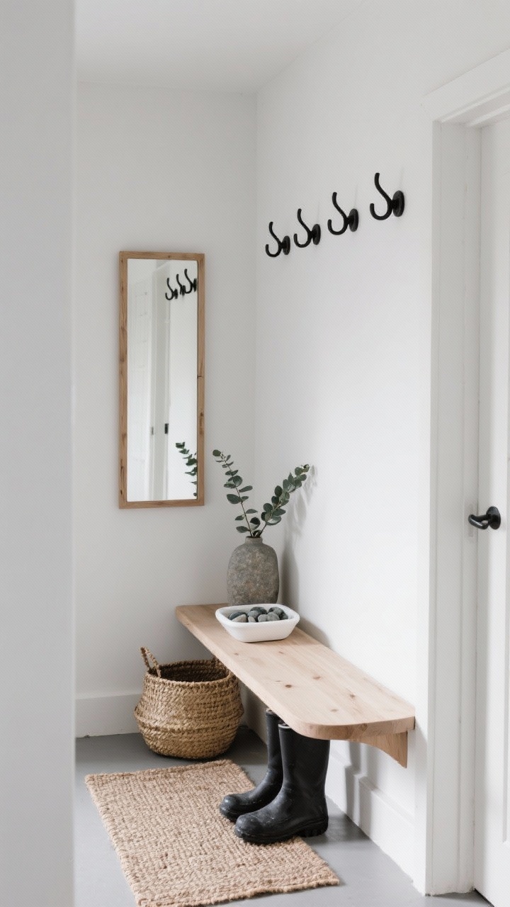 Wide shot, straight-on view of a Scandinavian slimline nook in a narrow hall: a pale oak floating bench with rounded edges mounted above a white pebble tray for wet boots, matte black Scandi hooks aligned in a neat row above, warm white walls with soft gray undertones, a slim vertical oak-framed mirror reflecting light, a woven seagrass basket tucked under the bench, and a tight-weave jute runner along the floor; soft natural daylight, minimal styling with a petite eucalyptus sprig in a stone bud vase, calm and airy mood.