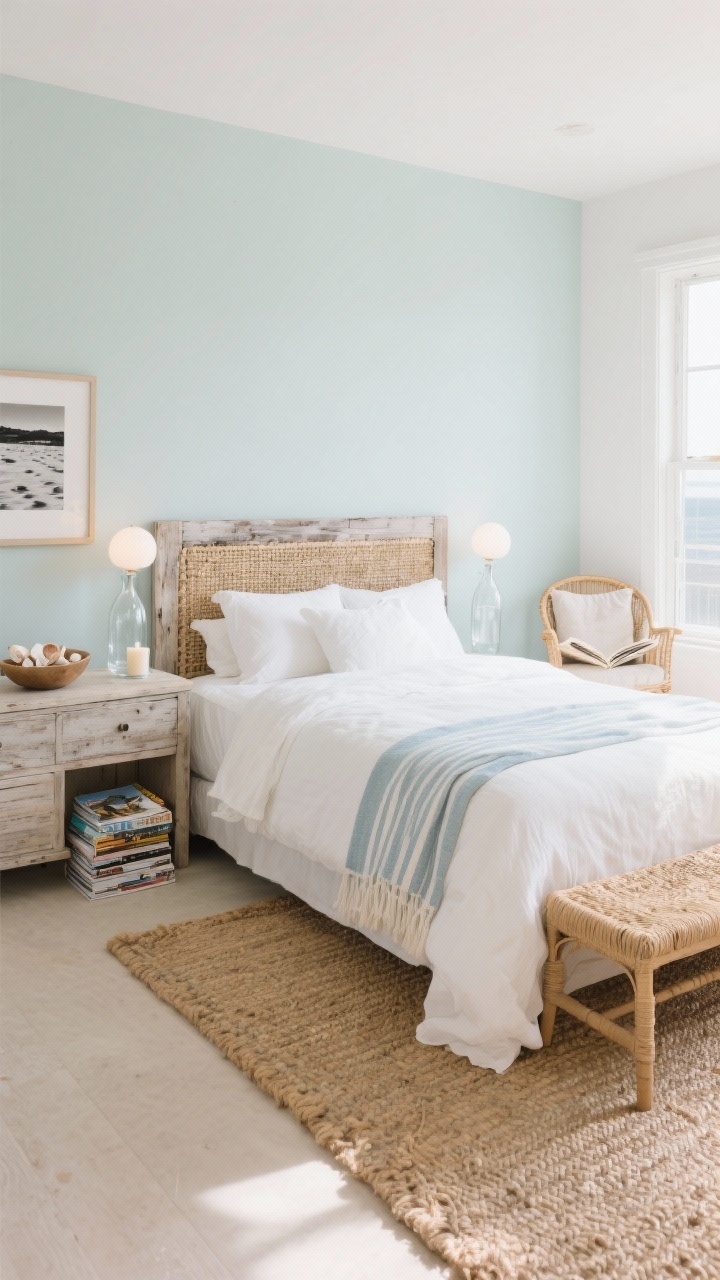 Wide shot, Sun-Washed Coastal Calm guest bedroom: light palette of sand, seafoam, and crisp white; cloud-like bed with white duvet, linen shams, and a muted blue striped throw; weathered wood headboard; woven seagrass bench at the foot; small rattan chair by a bright window creating a reading nook; linen, cotton, seagrass textures on a nubby jute rug; clear glass bedside lamps with warm white bulbs; uncluttered surfaces with a glass carafe of water, a small sea-salt candle, a stack of travel magazines; framed black-and-white beach photography above dresser; bowl of shells; soft coastal daylight, photorealistic.