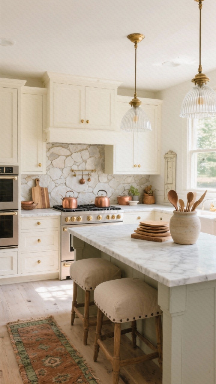 Wide shot, sunlit farmhouse kitchen in a creamy tone-on-tone palette: creamy shaker cabinetry with soft brass knobs, a tumbled limestone backsplash running full-height behind the range, paneled appliances for a seamless furniture-like feel. Wide-plank matte white oak floors with a worn Persian runner in muted clay and sage. Pale greige island topped with lightly veined marble-look quartz; two fluted glass pendants with antique brass caps above. Upholstered counter stools in oatmeal linen with simple wood frames. Accents: copper pots, stacked cutting boards, a big ceramic crock of wooden spoons, and a slender vintage cabinet in the corner. Bright morning light, soft luxury with farmhouse soul, photorealistic.