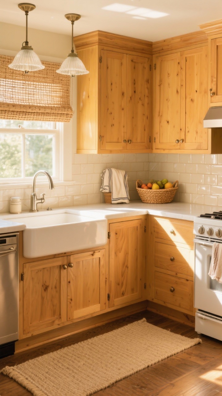 Wide shot: Sunlit kitchen with butterscotch-stained maple cabinetry (golden without orange), a creamy glossy tile backsplash that reflects light, and subtle off-white countertops. Classic polished nickel hardware. Milk glass pendants/schoolhouse flush mounts providing a warm glow. Textural touches: woven roman shade, rattan fruit basket, linen tea towels, and an oatmeal-toned cushy runner on the floor. Golden-hour ambiance, photorealistic, straight-on.