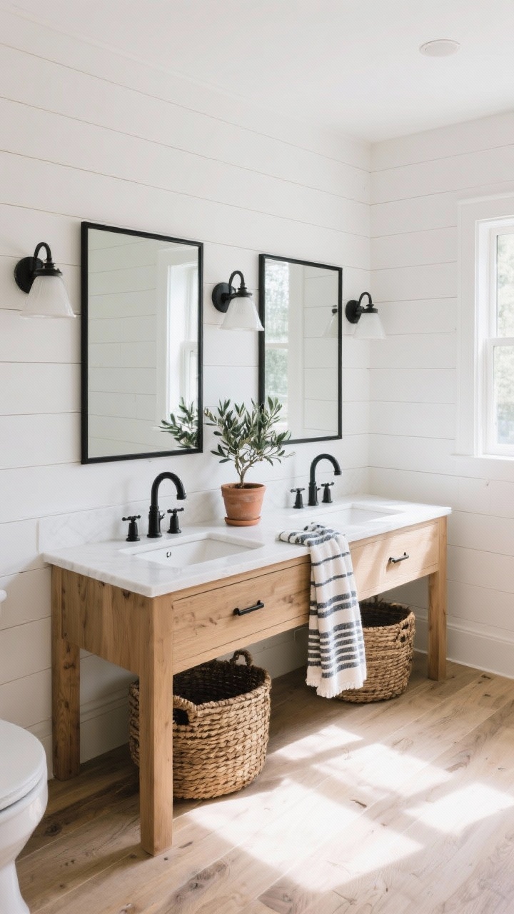 Wide shot, sunlit modern farmhouse bathroom: horizontal white shiplap walls reflecting natural light, white oak vanity with simple white quartz top, black gooseneck faucets, twin iron-framed mirrors, classic schoolhouse sconces, porcelain wood-look plank flooring in light driftwood tone, matte black iron hardware throughout, woven baskets under the vanity, a striped Turkish towel draped over the vanity, and a small olive tree in a clay pot; warm white, natural oak, matte black palette; crisp, photorealistic, no people.