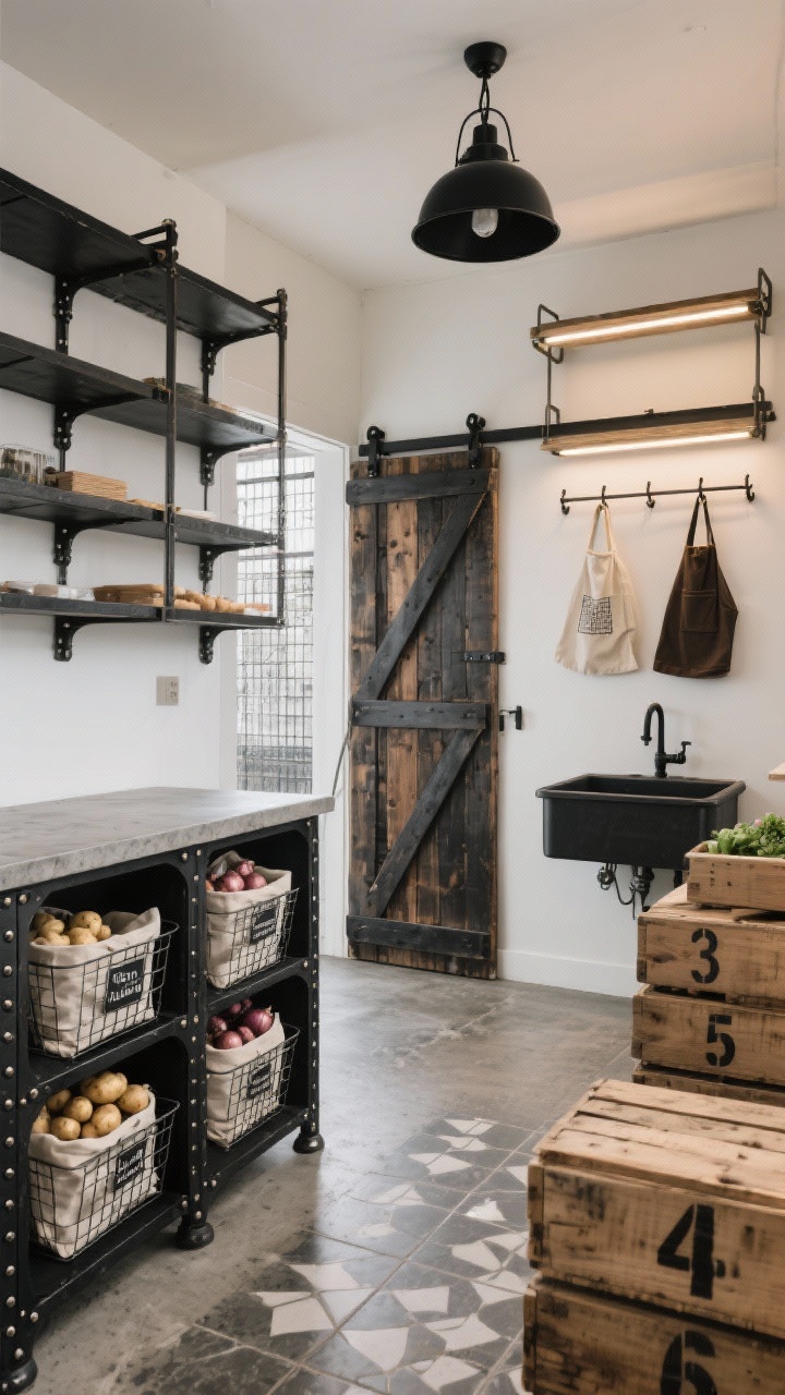 Wide shot, three-quarter corner view: Industrial pantry with blackened steel shelving braced by exposed rivets, a concrete-look countertop, wire mesh bins lined with linen bags labeled for potatoes and onions; warm white walls, a charcoal utility sink to one side, and heavy-duty hooks holding aprons and tote bags; sliding barn door made of reclaimed wood partially open; caged matte-black pendant overhead plus LED strips beneath shelves; sealed concrete or stone-pattern porcelain tile floor; stacked wooden produce crates stenciled with numbers; rugged, urban workshop vibe; photorealistic, no people.