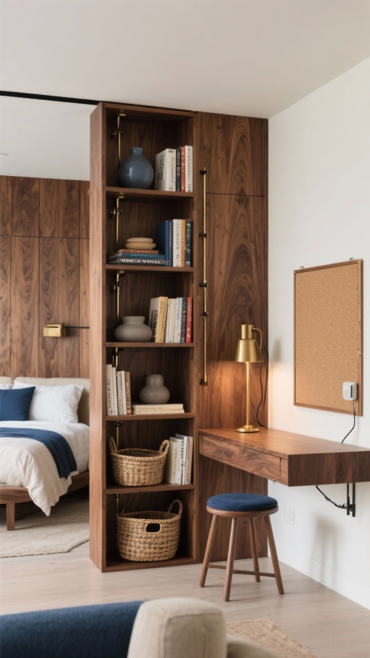 Wide shot, two-sided storage wall divider in warm walnut veneer: open-shelf bookcase facing the living room styled with staggered books, matte ceramics, and woven baskets; bedroom side reveals a slim fold-down desk nook with task lighting, cork pinboard, plug-in brass sconce, petite stool that tucks away; include modular shelves with adjustable heights and visible cable management; back of unit forms a paneled feature wall behind the bed; palette walnut, cream, ink blue accents, brushed brass; balanced natural and task lighting; clean, functional aesthetic; straight-on view, photorealistic.