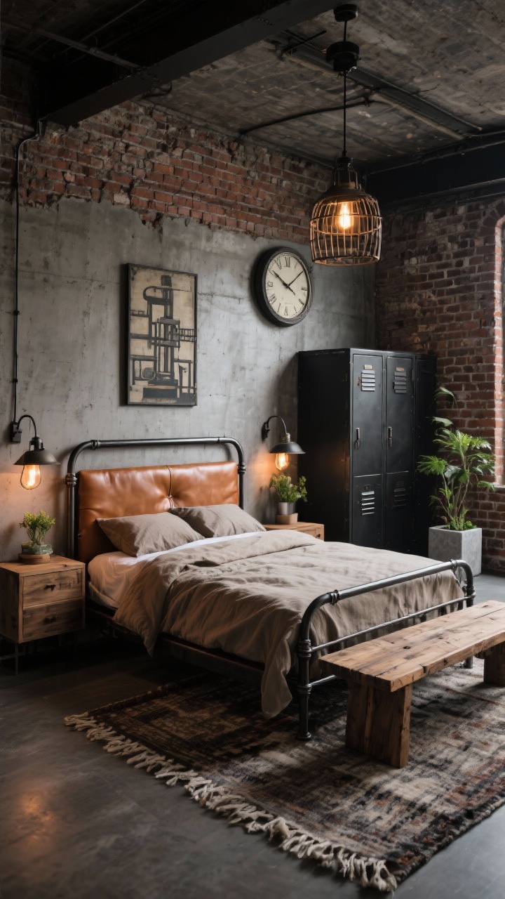 Wide shot — Urban Industrial Loft: Loft bedroom with an exposed brick wall and a faux concrete accent wall, featuring a steel-frame metal bed with a cognac leather headboard. Raw wood nightstands and a black metal locker-style wardrobe underscore the industrial vibe; a reclaimed wood bench sits at the foot of the bed. Caged pendants and adjustable task sconces with Edison bulbs on dimmers cast warm, gritty light. Rugged wool rug underfoot, oversized clock and vintage factory art on the wall, and greenery in concrete planters soften the space. Bedding is flax linen with a plush duvet to balance the rough edges. Palette: brick, charcoal, cognac leather, black steel. Warm, moody ambiance.