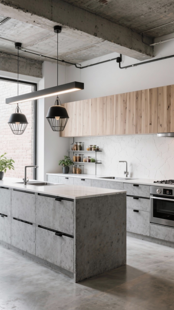 Wide shot, urban loft kitchen: matte gray concrete-effect lower cabinets with texture and black edge pulls, white oak uppers with horizontal grain, stainless worktop on the island for a chef’s table feel, white plaster/microcement backsplash for seamless texture, open steel shelving with spices and plants, black cage pendants or a sleek linear LED bar overhead, polished concrete floor; industrial meets warm minimalism, taken from a corner angle, photorealistic.