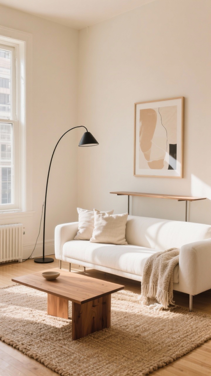 Wide shot, Warm Minimalist Nook: A sunlit apartment living room with a low-profile, armless ivory sectional on sleek legs, set against a limewashed warm beige accent wall. A natural jute rug grounds an oak waterfall coffee table; palette of soft whites, sand, and clay. A black arc floor lamp adds sculptural drama, two oversized linen pillows and a nubby throw on the sectional. A single large abstract print centered above the sofa, and a skinny console table behind it for slim storage. Calm, airy, polished, photorealistic, mid-morning natural light.