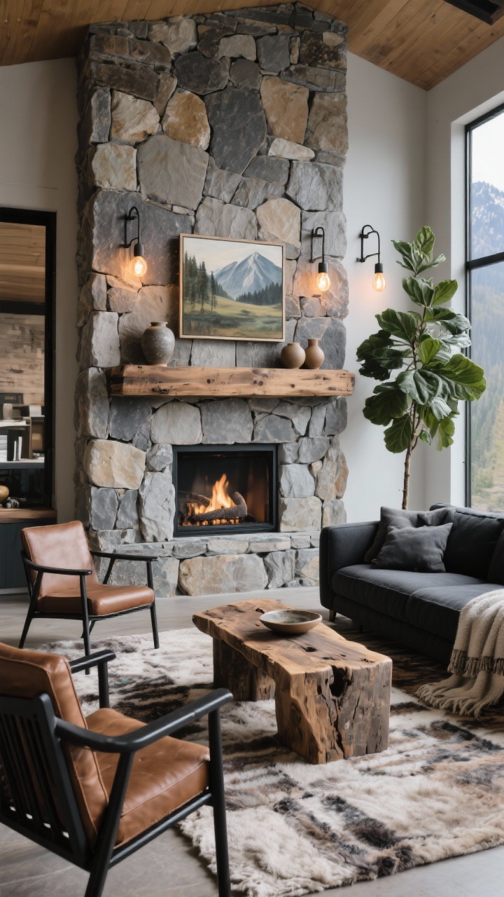 Wide shot with fireplace/TV wall focus, slight angle: A feature wall clad in stacked stone or stone-look panels in variegated grays and taupes, rugged yet refined. Deep charcoal sofa with generous cushions, chairs with blackened metal frames and tobacco leather seats. Coffee table is live-edge wood or a rough-hewn block. Iron sconces with warm Edison-style bulbs flank the stone; a reclaimed oak mantel shelf is mounted with chunky ceramics and a landscape painting above/beside. Plush rug and layered wool throws, plus a tall evergreen or fiddle leaf fig add life and height. Modern mountain, grounded and serene.
