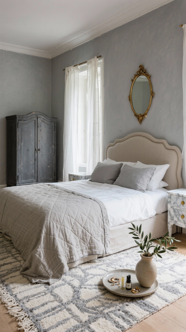 Wide shot with slight angle: A French linen retreat with stone-gray walls and a French-style upholstered bed in flax linen with curved edges. The bed is dressed in Belgian linen sheets, a thin quilted coverlet, and piped shams in dove gray. Flanking the bed, marble-topped nightstands with slender brass pulls; sheer white linen curtains pool an inch on the floor. Include a vintage charcoal armoire, a hand-loomed rug in soft gray and cream, a ceramic jug of olive branches, a stoneware tray for lotions and jewelry, and a vintage gilded mirror reflecting light; calm, refined morning light.