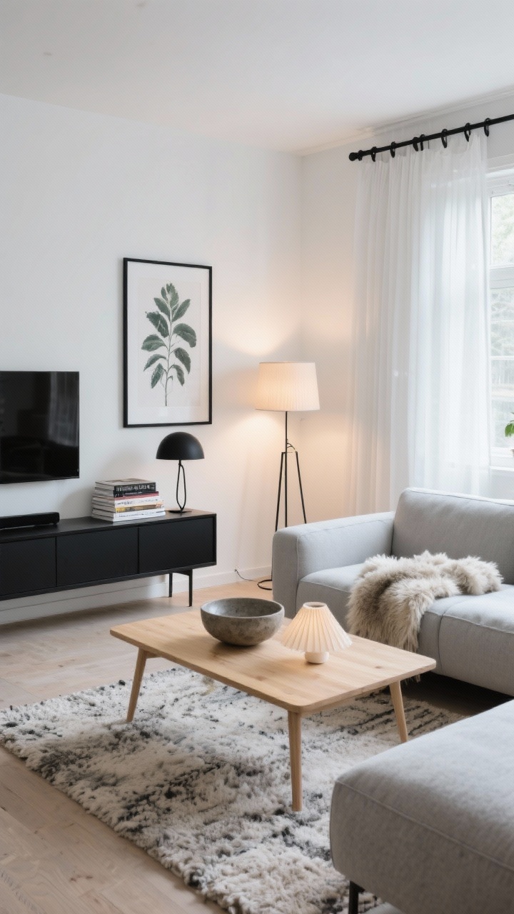 Wide shot with soft daylight: Scandinavian cozy living room with a light gray sectional and a blond wood coffee table on a nubby wool rug. White walls and gauzy drapes on matte black curtain rods. Black accents throughout: black-framed media console, powder-coated black lamp, black picture ledge with one oversized botanical print. Minimal decor—a stack of design books, a stoneware bowl, a sheepskin throw, and a paper shade lamp. Layered lighting with warm LED bulbs: floor lamp and table lamps create a practical, elevated, inviting atmosphere. Palette: white, light gray, oak, charcoal, touches of black.