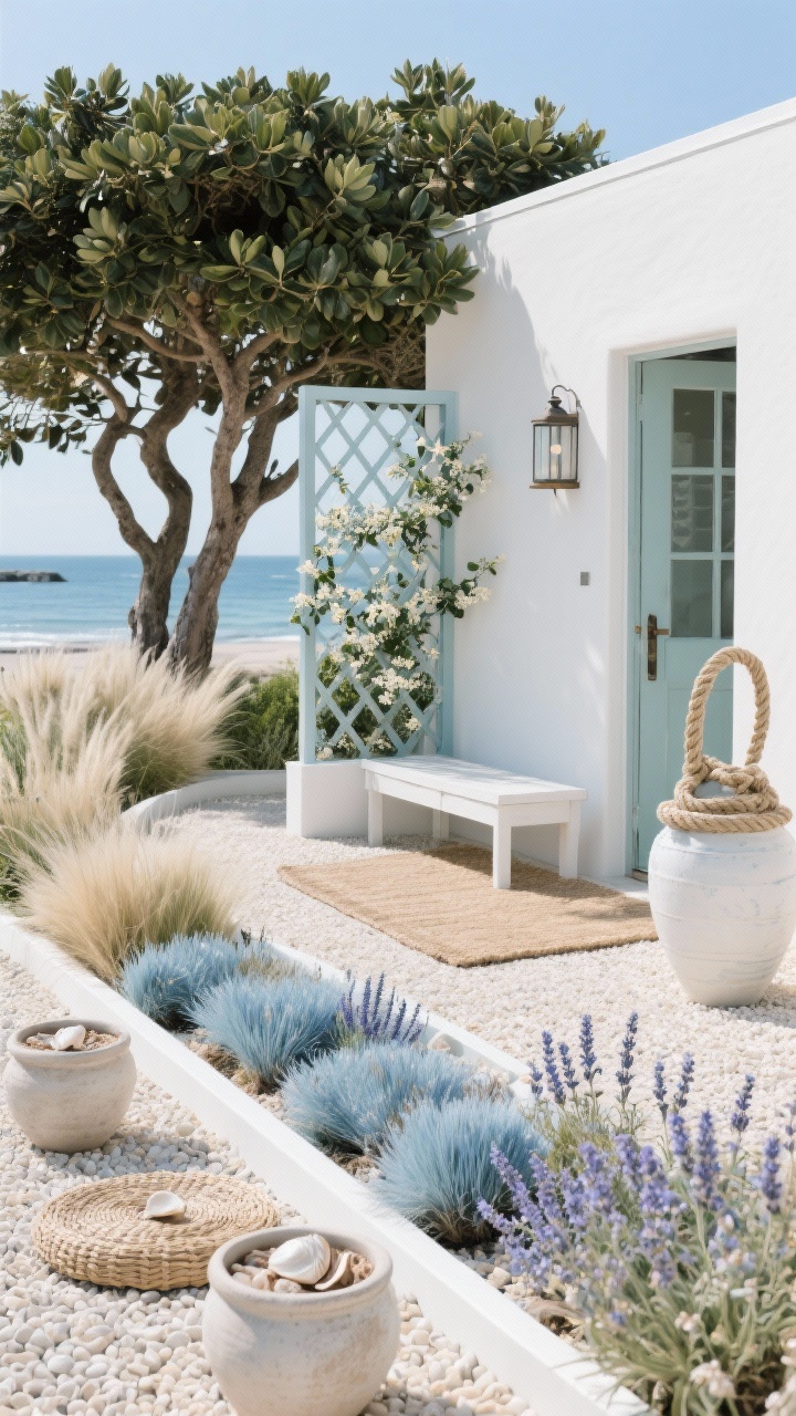 Wide, slightly elevated view of a coastal gravel garden: pale pea gravel ground plane crisply contained by white steel edging; drifts of blue fescue, Russian sage, sea thrift, and Mexican feather grass swaying in repeated bands; a whitewashed bench near the door with a chunky rope-handled lantern beside it; a multi-trunk bay laurel providing height and a powder-coated steel trellis with star jasmine climbing to perfume the entry; soft blues, sandy beige, seafoam, white palette; oversized ceramic pots, seashell mulch rings, woven outdoor rug at the threshold; bright coastal daylight, photorealistic, no people.