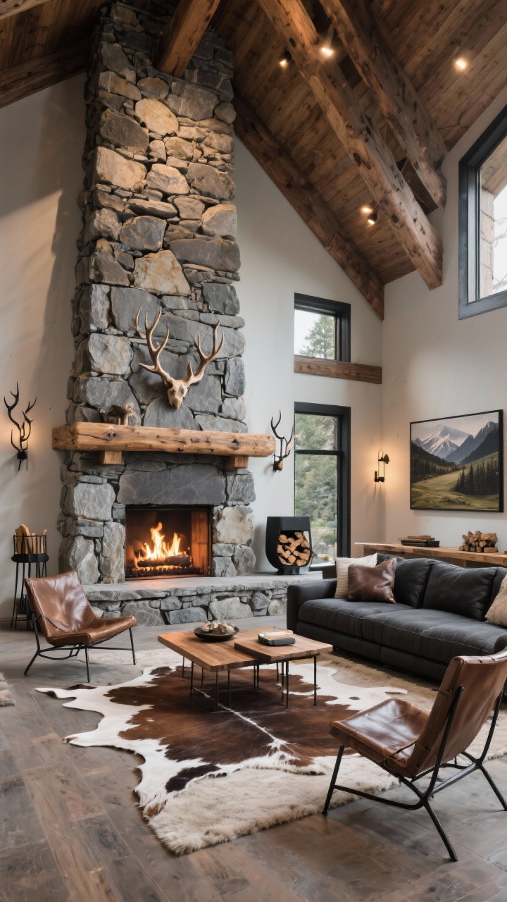 Wide, slightly upward-angled shot emphasizing height: Rustic mountain modern great room with a soaring stacked fieldstone fireplace from floor to peak, thick hand-hewn timber mantle, and oversized hearth; grounded arrangement with a charcoal sectional facing a pair of sling-back leather chairs; cowhide layered over a wool rug, iron-and-wood nesting tables; accessories include antler-inspired sconces, a blackened steel firewood holder, and oversized landscape art; palette stone gray, espresso, saddle, ivory; materials fieldstone, raw timber, leather, iron; glowing fire and warm ambient lighting against tall ceilings.