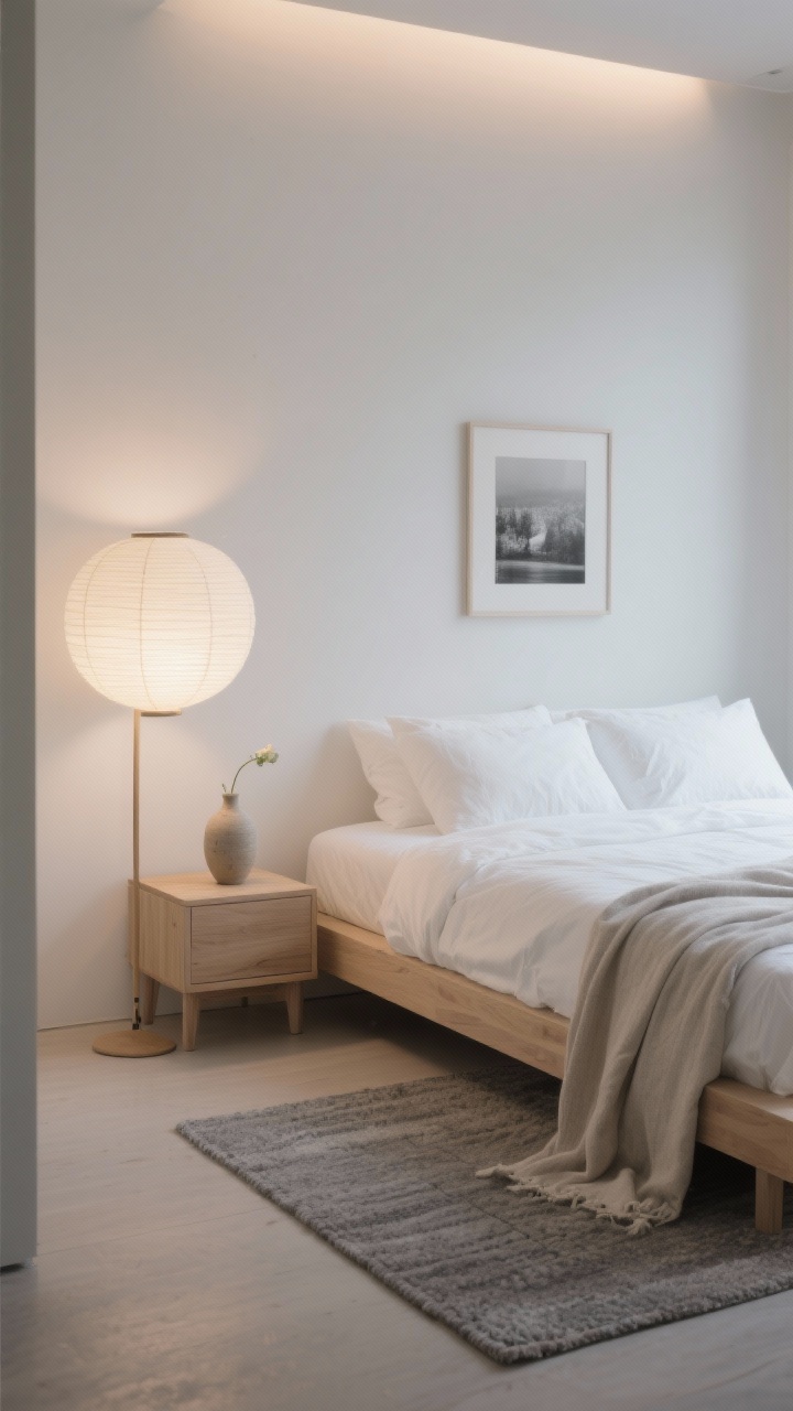 Wide, soft minimal bedroom: low platform bed with crisp white linens, pale ash wood nightstand, flatwoven stone-gray rug; a large paper lantern floor lamp beside the bed glowing like a moon, diffusing light to soften corners; single ceramic bud vase on the nightstand, a linen throw at the bed foot, framed monochrome photograph on the wall; palette white, ash wood, fog gray, muted taupe; warm 2200–2700K tone replacing overheads for nighttime; photorealistic, airy and serene.
