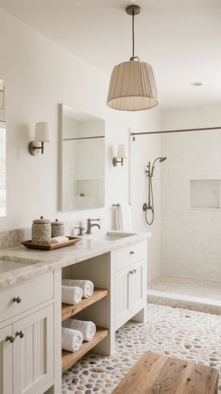 Wide spa-like rustic bathroom: fluted white oak vanity topped with honest pale stone countertop, brushed nickel or pewter quiet metals, walk-in shower with soft pebble-look flooring and tumbled ivory wall tile, lighting from a fabric drum pendant and low-glare wall lights; palette of ivory, natural oak, pale stone, brushed nickel; accents include a teak bath tray on the counter, stone canisters, and neatly rolled towels on open shelves; calm, serene, photorealistic.