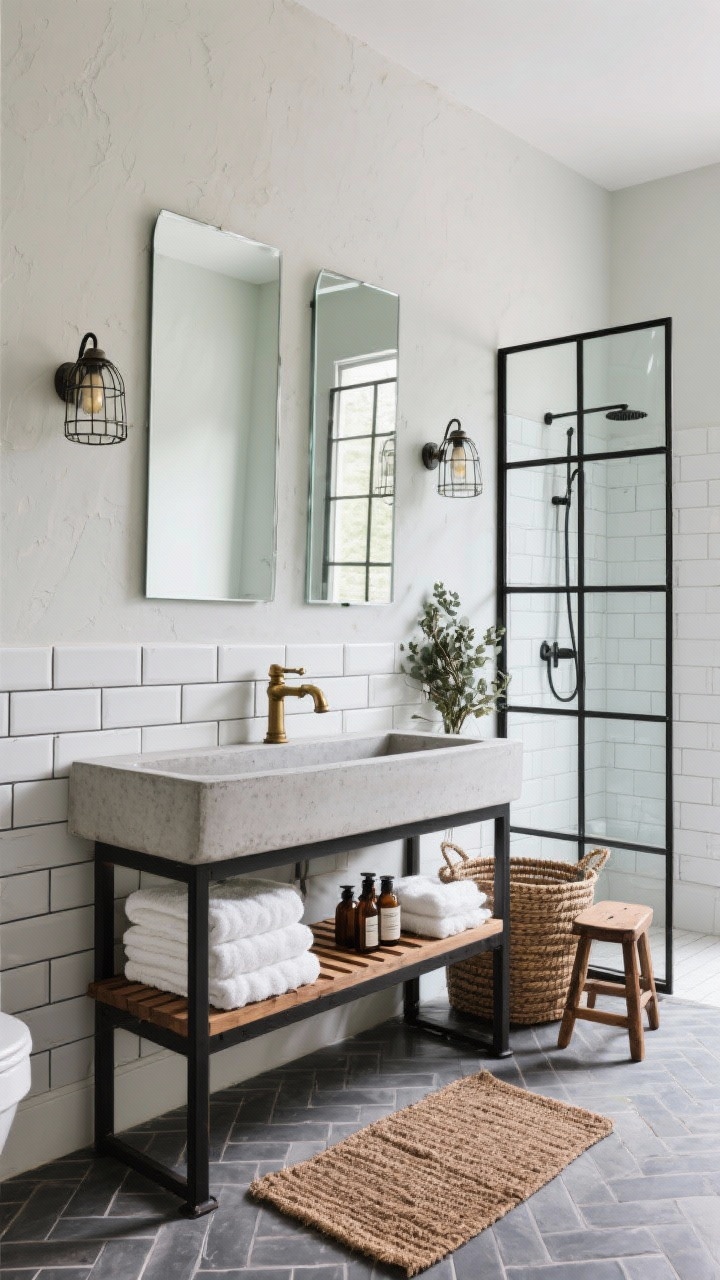 Wide, straight-on bathroom shot: Spa-quiet industrial bath with a concrete trough sink on a black steel frame, slatted oak shelf below stacked with fluffy white towels. Above, three frameless mirrors on pivoting brackets reflect light from caged sconces. Shower features black grid shower doors with clear glass, slate herringbone floors, and white stacked subway tile with charcoal grout. Limewashed putty plaster walls add subtle movement. Accents include aged brass taps, a teak bath mat, woven laundry basket, apothecary bottles, a eucalyptus bundle, and a vintage step stool. Crisp, calming, photorealistic.