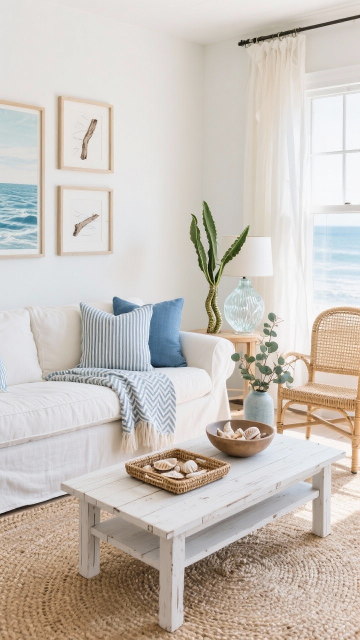 Wide straight-on coastal scene, photorealistic: Breezy living room with a slipcovered linen sofa in crisp oyster white layered with striped blue pillows and a lightweight herringbone throw. A sisal/jute rug under a whitewashed wood coffee table; rattan accent chair to the side. Woven trays styled on the table with a bowl of seashells; coastal art (ocean sketches, driftwood frames) on the wall. Soft gauzy curtains at the windows and a rippled glass table lamp on a side table. Plants: snake plant and eucalyptus stems in a vase. Palette: oat, sea blue, crisp white, sand; materials: linen, rattan, jute, glass. Bright natural light.