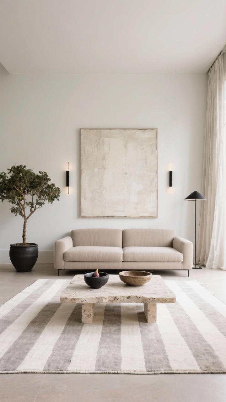 Wide, straight-on contemporary calm: a tonal striped rug (cream-on-ivory or gray-on-stone) providing subtle movement. A low-slung sectional in warm greige, a travertine coffee table centered, and slim black floor lamps flanking. Airy drapes filter light; oversized unframed canvas art for scale on a neutral wall. Large planter with a fig tree, ceramic bowls on the table, linear wall sconces. Colors: ivory, greige, stone, matte black, travertine beige. Soft, even daylight; photorealistic, sleek and soothing.