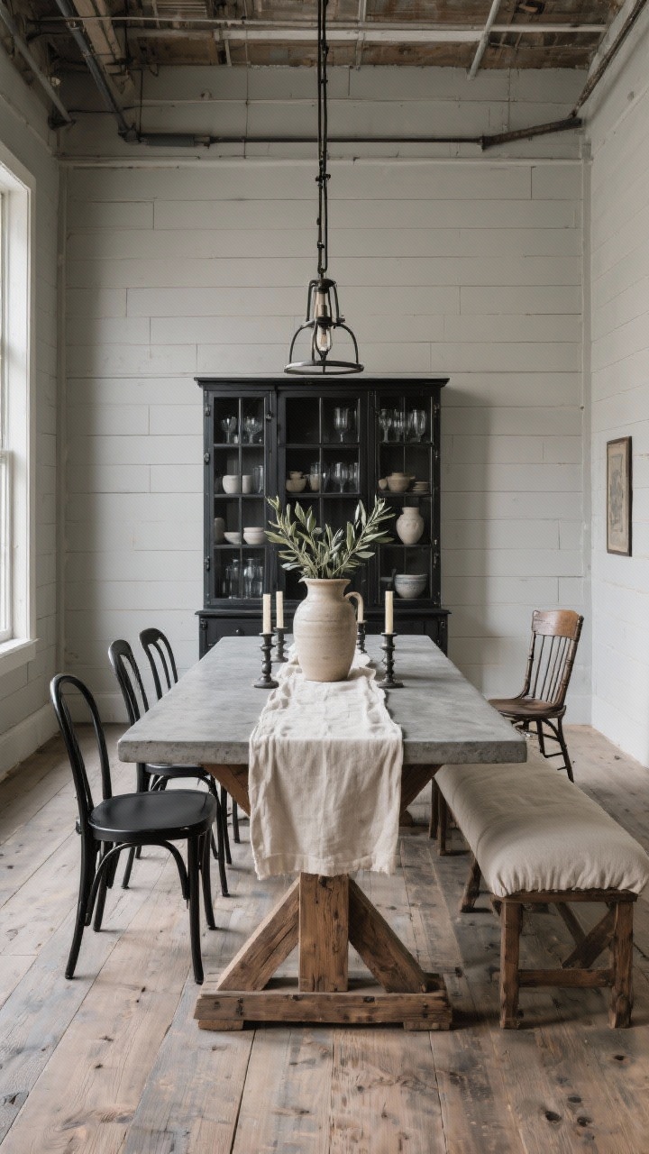 Wide, straight-on dining room shot: Concrete-and-canvas dining hall with a farmhouse trestle table featuring a concrete top and natural oak base. Mix-and-match seating: black metal café chairs, a linen slipcovered bench, and a single vintage captain’s chair. A low-hanging linear iron chandelier creates intimacy; backdrop of shiplap painted greige. A black steel hutch with glass doors showcasing stoneware and smoky glassware. Wide-plank oak flooring in a raw matte finish, heavy canvas runner, forged-iron candlesticks, and olive branches in a tall ceramic jug as the centerpiece. Converted-warehouse vibe; photorealistic.
