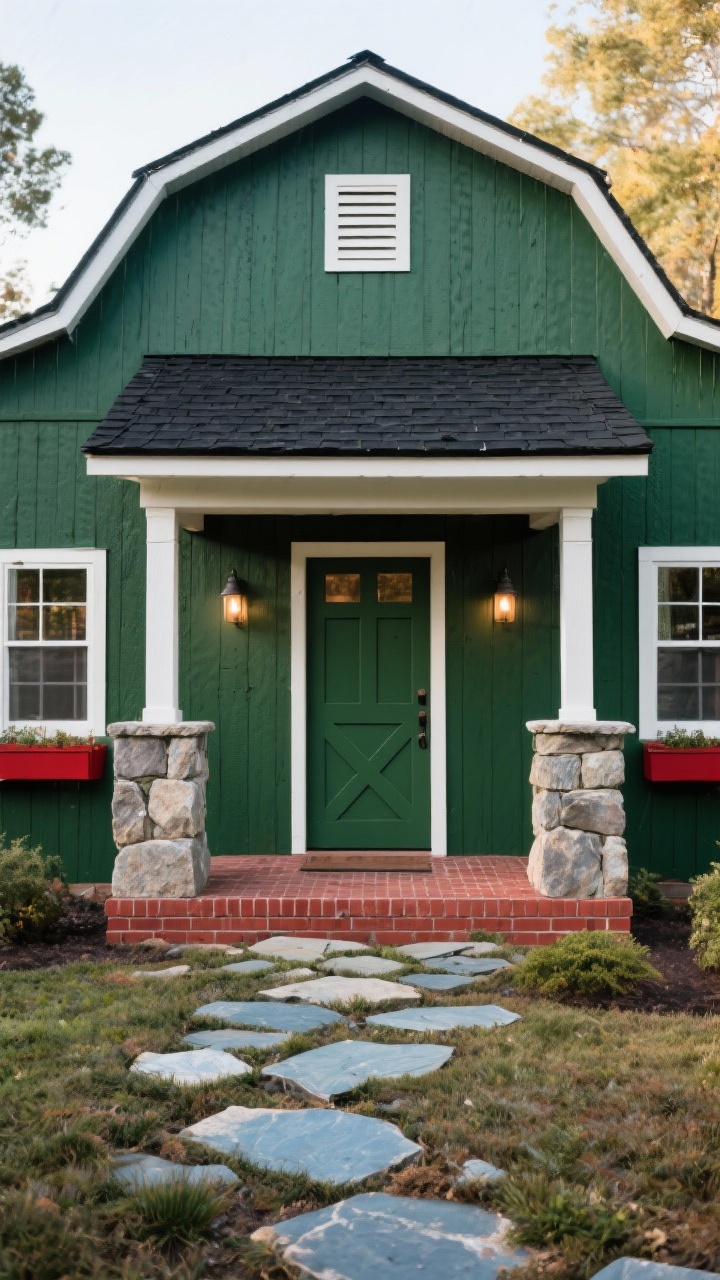 Wide, straight-on entry shot of a small barn painted deep forest green with a dark charcoal/black roof; a natural stone porch with chunky stone columns and cap grounding the entry; brick red accents on the door and barn lights, with a possible red window box; cream or off-white window trim brightening the façade; irregular bluestone stepping stones set through groundcover leading to the porch; door features a simple crossbuck detail; vibrant yet classic, rooted-in-nature mood.