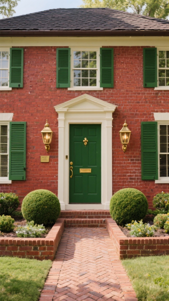 Wide, straight-on exterior capturing forest green shutters and matching deep green front door on a red brick home with soft ivory trim. Aged brass lanterns flank the entry, classic brass door knob gleams subtly. Landscape features brick-edged flower beds, rounded boxwood spheres, and a herringbone brick path leading to the door. Roof is dark charcoal or deep brown. Stately, old-university vibe with balanced, tailored symmetry under bright but diffused daylight.