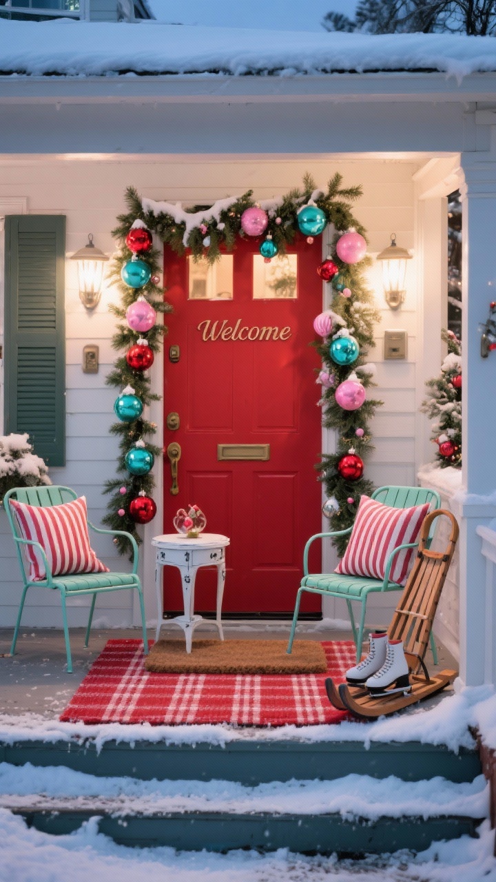 Wide, straight-on festive porch scene with retro holiday charm at twilight: cherry red door framed by a snow-dusted pine garland dotted with teal, red, and pink retro glass ornaments, pair of mint-green metal chairs with candy-cane striped pillows, small white enamel side table between them, a vintage sled and old-fashioned skates leaning beside the door, red gingham rug layered under a classic “Welcome” coir mat; palette of red, teal, blush pink, and crisp white; nostalgic glow from porch lights reflecting in ornaments; no people.
