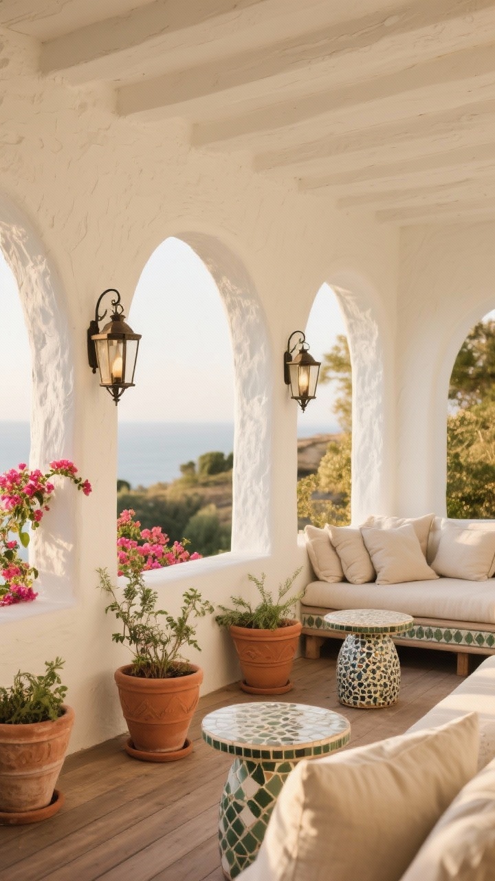 Wide, straight-on Mediterranean scene of a deck skirt with arched cutouts in panels finished in chalky white stucco/limewash texture. Terracotta pots nestled into the negative spaces with trailing herbs and bougainvillea. Complement with mosaic side tables, linen cushions, and iron lantern sconces on the posts. Color palette: chalky white, terracotta, olive, sunbaked beige. Warm golden-hour light to enhance the soft, textured finish.
