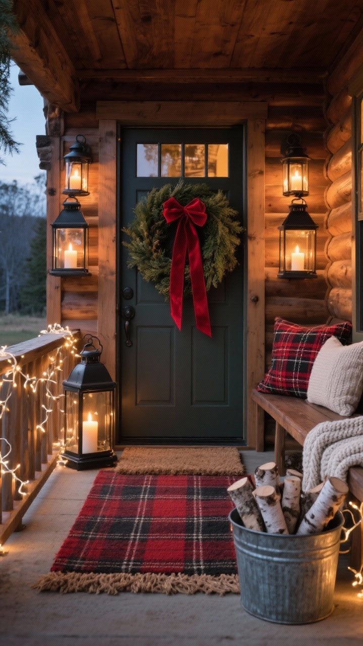 Wide, straight-on photorealistic shot of a cozy cabin-style front porch at dusk: buffalo plaid rug layered under a natural coir doormat, two oversized black metal lanterns flanking the door with warm LED pillar candles glowing, a chunky cedar wreath tied with a wide red velvet ribbon on the door, farmhouse bench to one side with plaid throw pillows and a knit blanket, a galvanized tub holding a stack of birch logs, warm white fairy lights woven through the cedar wreath and porch railing; color palette of deep reds, charcoal, cream, and natural wood; rustic metals and plaid textiles prominent; no people.