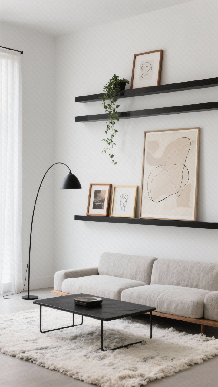 Wide, straight-on photorealistic shot of a modern living room featuring a white/pale gray wall with two long matte-black floating ledges stacked about 18 inches apart; layered frames in black, oak, and brass lean and overlap casually, anchored by one oversized abstract in soft neutrals with smaller line drawings and a single graphic print staggered in front; below, a low-profile stone-linen sofa sits with a black metal coffee table on a nubby ivory rug; add a sculptural black-arc floor lamp echoing the ledges and a single trailing plant on the top shelf; neutral palette of white, black, and sand with sharp contrast, bright natural daylight, no people.
