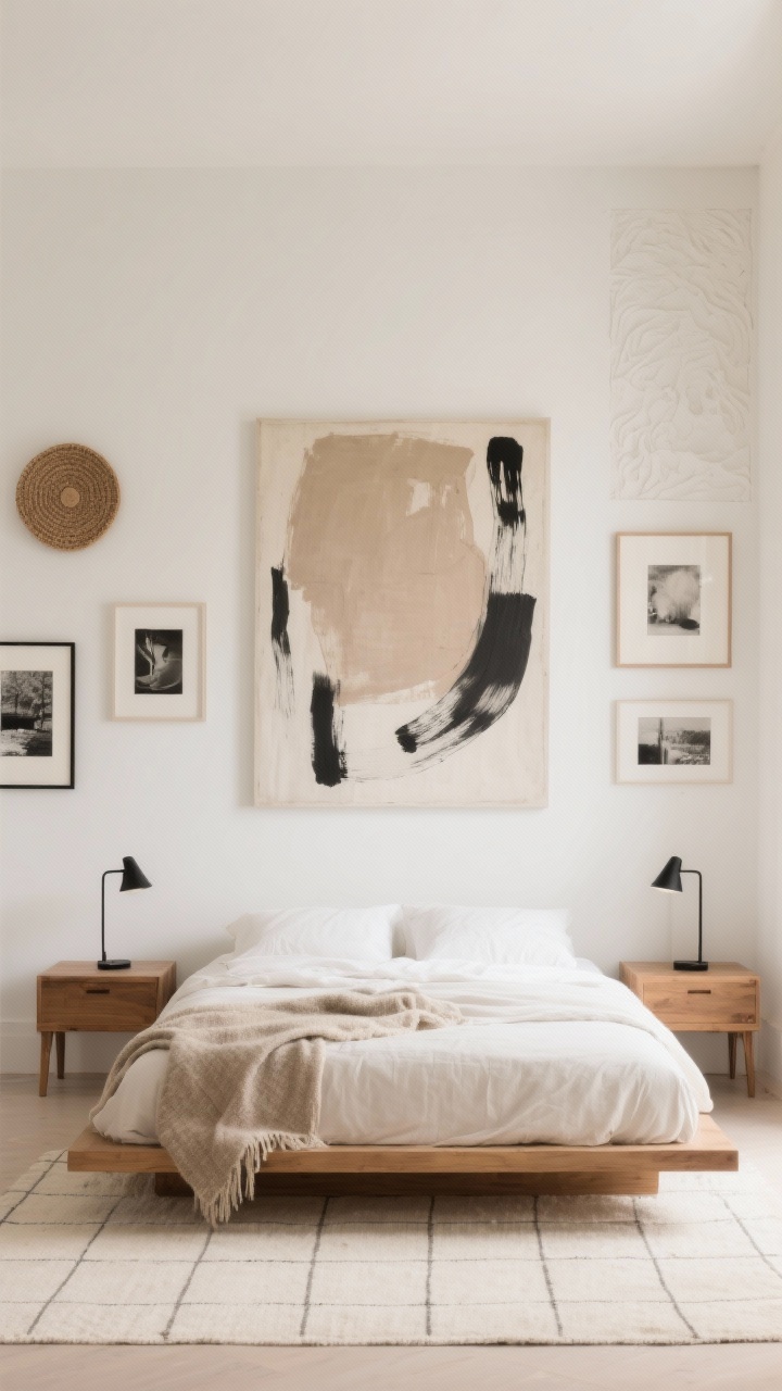 Wide, straight-on photorealistic shot of a serene warm minimalist bedroom: bone white walls with a creamy undertone, a low-profile oak platform bed centered, clean-lined nightstands, slim black metal reading sconces on each side. Above the bed, an oversized abstract canvas with soft taupes and charcoal brushstrokes anchors a curated gallery wall mixing soft black-and-white photography and linen-wrapped frames. Include a few 3D elements on the wall like a woven wall plate and a subtle plaster relief for depth. Textiles: flax linen duvet, a nubby wool throw, and a cream rug with a subtle grid. Palette: bone white, oak, charcoal, flax. Soft natural morning light, uncluttered, quiet luxury mood.
