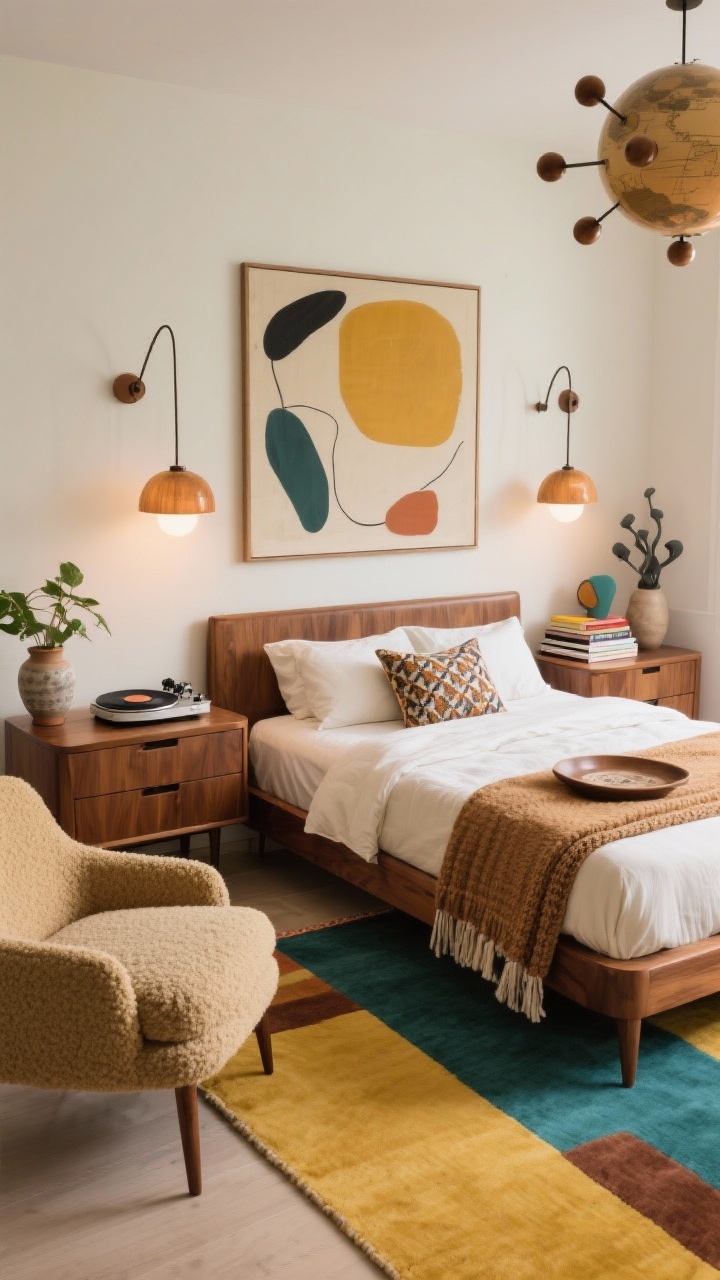Wide, straight-on shot, Artful Mid-Century Mix bedroom: warm walnut bed with tapered legs; low-profile dresser and round nightstands in walnut; neutral base of cream, tan, and walnut; color-pop rug in mustard and teal accents; large abstract artwork over the bed; globe lamps or sputnik-style sconces providing warm mid-century glow; boucle accent chair; linen duvet, patterned lumbar pillow, knitted throw; decor with ceramic planters, stacked art books, sculptural tray; record player with a small curated vinyl stack on the dresser; playful yet refined, photorealistic.