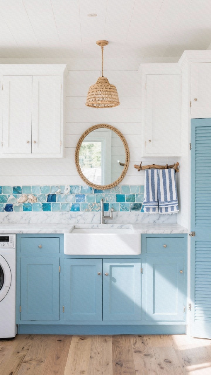 Wide straight-on shot: Coastal breezy blues laundry room with lower cabinets painted soft sky blue and white uppers, white shiplap walls, white quartz countertop with subtle veining, handcrafted sea-glass tile backsplash in mixed blue tones, white oak or wood-look porcelain wide-plank flooring, rope-framed mirror, woven pendant light casting sun-dappled warmth, striped Turkish towels, a driftwood peg rail for air-drying, and a louvered-door cabinet; uncluttered, sunlit, salt-kissed atmosphere, photorealistic.