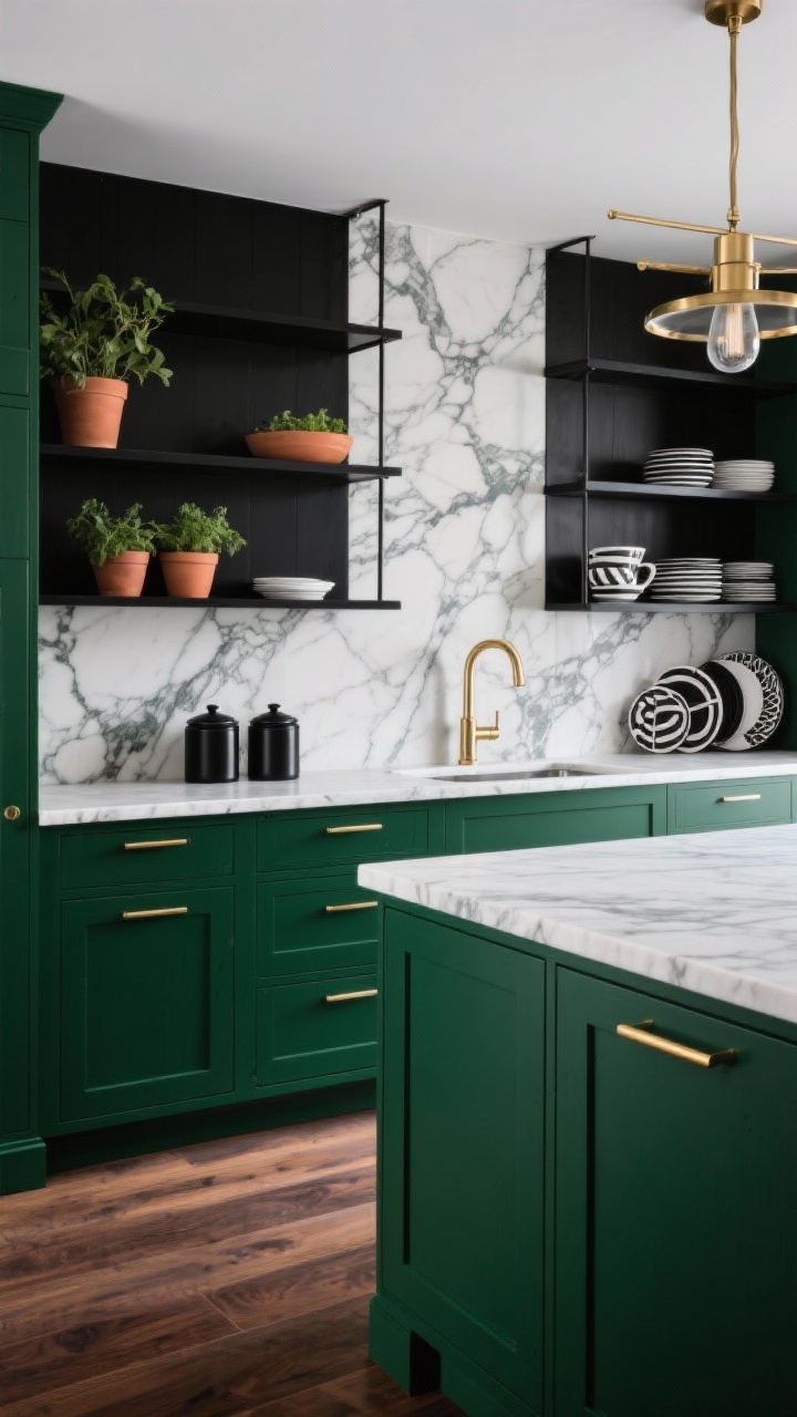 Wide, straight-on shot, High-Contrast Forest Green & Graphic Marble: lower and tall units in deep forest green with integrated pulls; dramatic black-and-white marble countertop and waterfall edge continuing into a slab backsplash; open black metal shelving above for minimal uppers; brushed brass pot filler centered over the slab; slim brass edge pulls visible where applicable; dark-stained oak flooring; linear brass chandelier over the island; styled with matte black canisters, fresh herbs in terra-cotta, and graphic black-and-white dishware; crisp, high-contrast lighting, photorealistic.