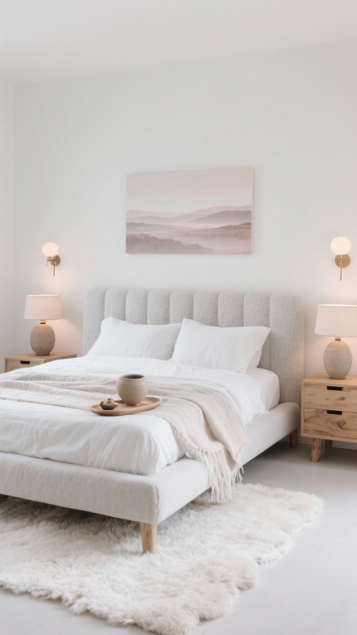 Wide, straight-on shot of a cloud-soft bedroom retreat in chalk white, fog gray, and blush-beige. Low platform bed with padded headboard in textured bouclé or linen. Layered bedding: crisp percale sheets, a lightweight quilt, and a gauzy throw. Minimal oak slab bedside tables with shallow drawers, ceramic lamps with linen shades (or dimmable globe sconces) providing warm, dimmable light. A single oversized soft-tone landscape print above the bed, a ceramic catchall and small ritual tray. Plush off-white wool rug underfoot. Ethereal, restful atmosphere, photorealistic.