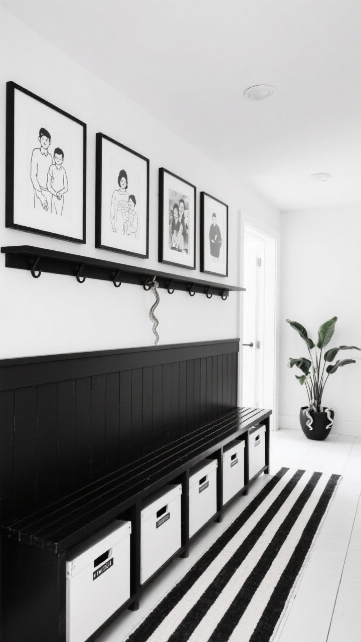 Wide, straight-on shot of a high-contrast black-and-white gallery mudroom: lower half of the wall in crisp matte black with a sturdy picture ledge rail functioning as coat hook rail; upper half and ceiling bright white; a narrow black slatted bench underneath with white labeled storage boxes for each family member; a tight black-and-white gallery wall of line drawings and family snapshots; a graphic black-and-white striped runner leading out; a small monochrome planter with a snake plant; bright, modern drama with balanced lighting.