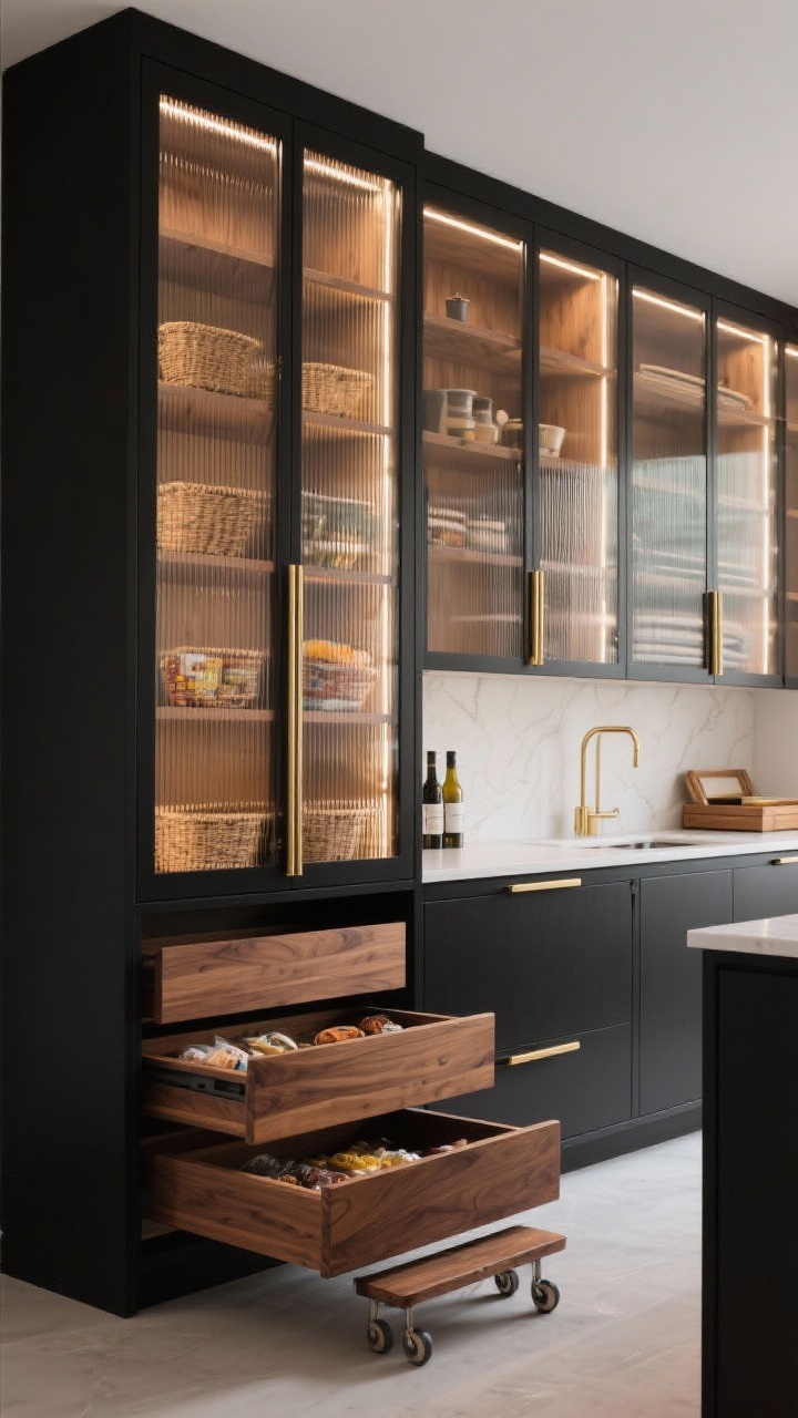 Wide, straight-on shot of a modern glass-front built-in pantry wall: tall matte-black cabinetry with slim reeded glass doors revealing a softly glowing warm oak interior lit by integrated LED strips; inside, pull-out walnut drawers for snacks, adjustable shelves with baskets, a narrow full-height vertical section for baking sheets, and a continuous porcelain slab counter through the middle for decanting; slim brass finger pulls, soft brass accents, hidden spice drawer and tray divider subtly visible, a rolling step stool tucked into the toe-kick; palette of black, warm oak, and soft brass in crisp photorealistic lighting.