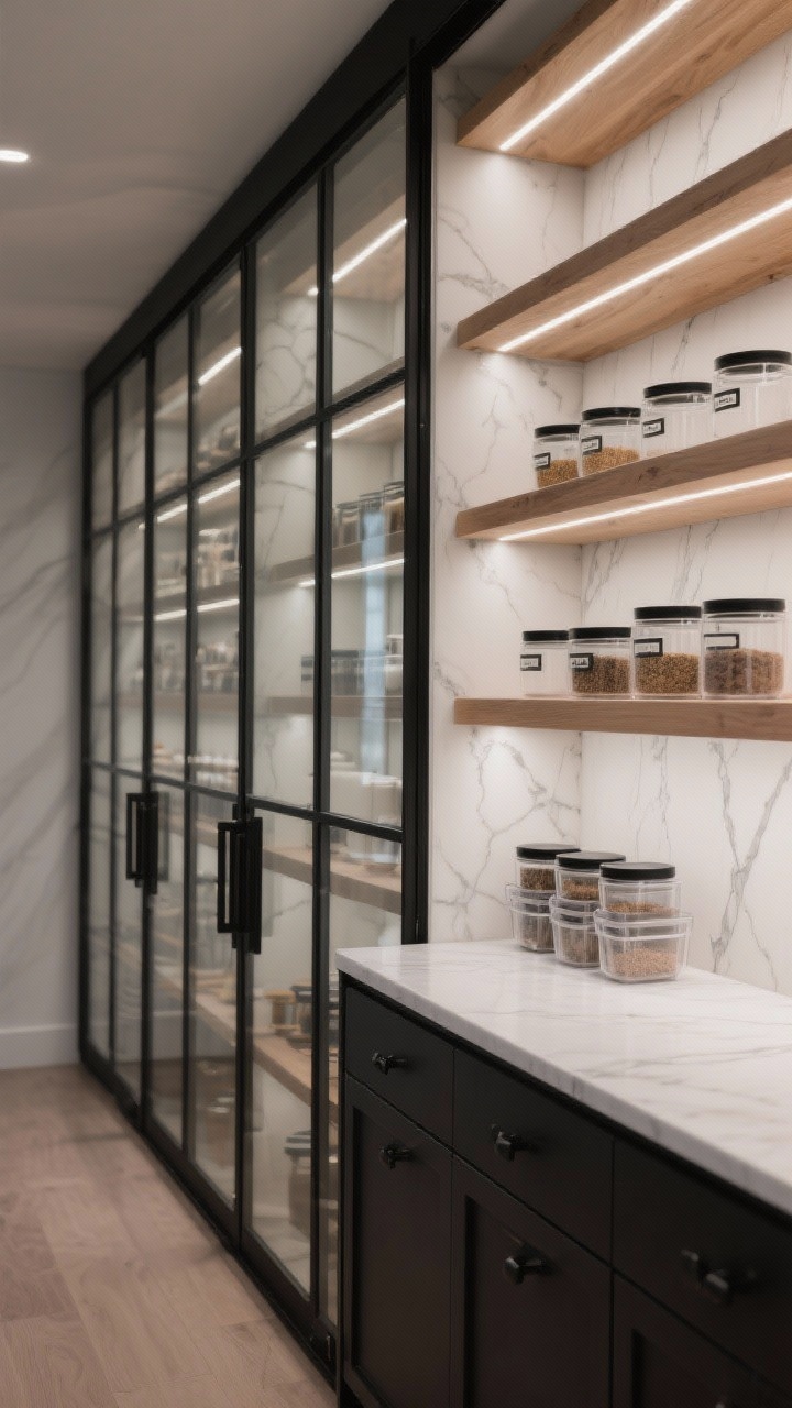 Wide, straight-on shot of a modern glass-front butler’s pantry: a wall of slim black metal–framed sliding glass doors revealing floor-to-ceiling warm white oak shelves, matte porcelain slab counter and backsplash with soft gray veining, slim linear brushed black hardware, clear canisters with black lids and stackable acrylic bins neatly arranged, a hidden toe-kick drawer line subtly visible, integrated LED strips under each shelf creating a boutique glow; color palette of black metal, warm oak, cloud white, and soft gray; minimal, curated styling with discreet labels; photorealistic, evening ambient lighting accentuating the glass and veining.