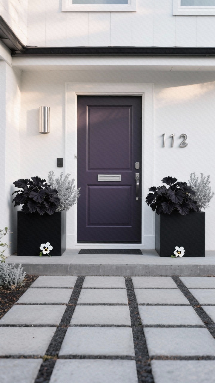 Wide, straight-on shot of a modern minimal front entry: a charcoal-painted front door with crisp white trim, flanked by two oversized matte-black cube planters; each planter filled with glossy near-black Heuchera ‘Obsidian’, a halo of silver dusty miller, and a few white pansies; smooth concrete pavers in a tight grid underfoot; brushed steel house numbers and a slimline wall sconce on the facade; high-contrast palette of black, white, silver, and deep plum; photorealistic, late-afternoon soft lighting, boutique-hotel, graphic and intentional mood.