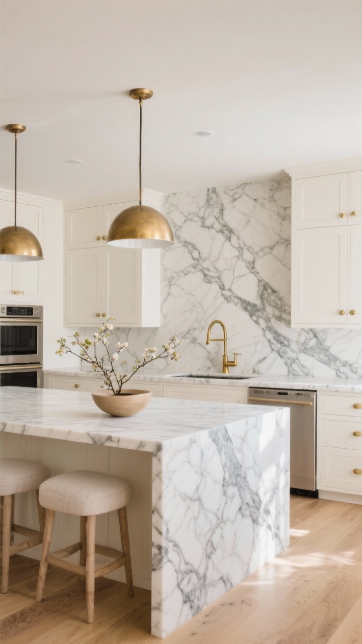 Wide, straight-on shot of a quiet-luxury kitchen featuring a polished Calacatta marble countertop with bold painterly veining continuing up into a full-height slab backsplash; warm white shaker cabinets with solid unlacquered brass hardware; a sleek brass bridge faucet; two dome-shaped brass pendants over the island; pale oak flooring; creamy walls; soft linen counter stools; minimalist styling with a single sculptural bowl and a branchy floral on the counter; hidden appliances; bright, airy natural light reflecting off the marble.