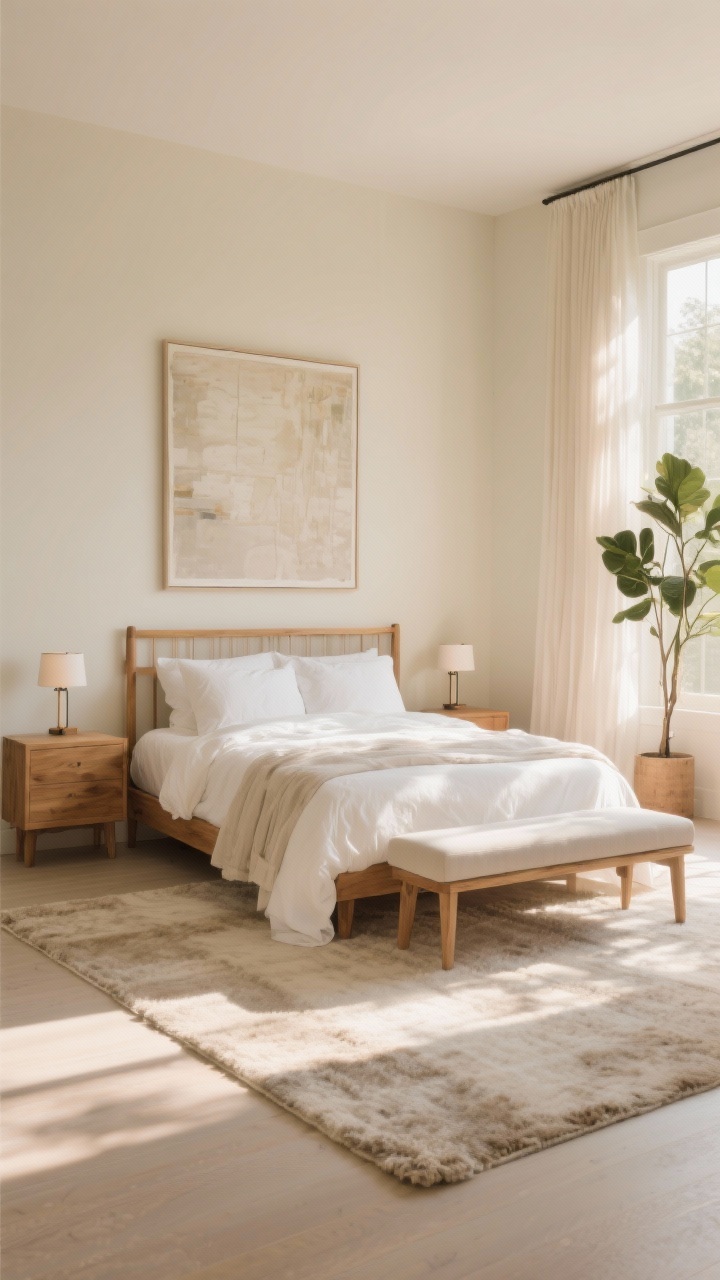Wide, straight-on shot of a sunlit bedroom with the bed centered on the main wall, matching natural oak nightstands and twin sconce lights, oversized art above the bed, creamy walls, an oak bed frame with layered ivory linen bedding, sheer drapes filtering warm sunlight, a tall plant near the window, a soft oversized rug underfoot, and a low-profile bench at the foot of the bed; leave at least 30 inches clearance on both sides; photorealistic, morning light.