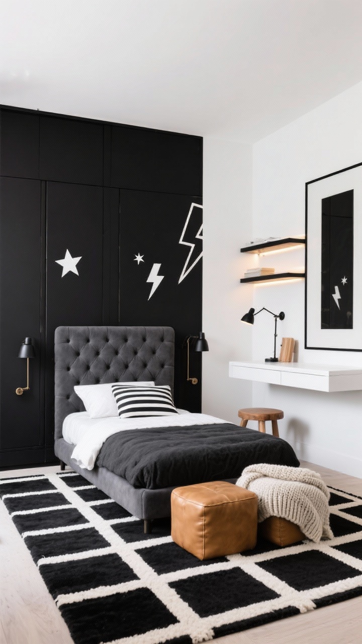 Wide straight-on shot, photorealistic: Monochrome luxe kids bedroom with crisp white walls and a matte black accent wall behind the bed or wardrobe. A thick black-and-ivory grid rug grounds the space. A charcoal tufted upholstered bed, sleek white desk, and black-framed wall shelves define clean lines. Warmth via camel leather ottomans, knit throws, and subtle wood accents. Personality from removable decals—stars, lightning bolts, or stripes—applied to the black accent for high contrast. Lighting includes black swing-arm sconces flanking the bed and discreet LED strip lighting within the shelves for a polished glow. Dramatic, high-contrast, soft textures. No people.
