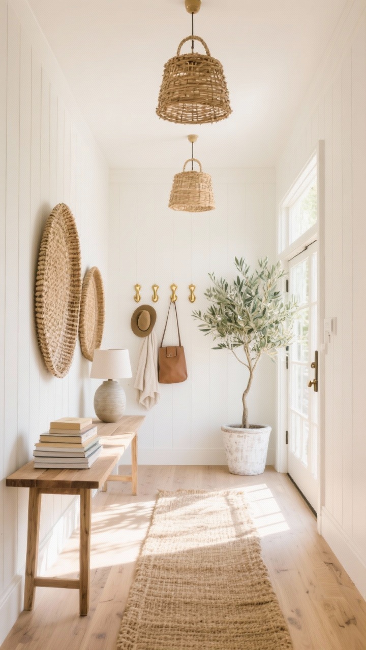 Wide, straight-on view of a sun-washed modern farmhouse entryway: warm white walls with a hint of cream, pale oak floors with a jute runner layered on top, a natural oak console that looks like a sunlit barn door plank, two woven basket pendant lights casting a gentle coastal glow, oversized woven trays leaned on the wall, a ceramic table lamp, a stack of linen-covered books, brushed brass hooks for hats and bags, and a tall olive tree in a whitewashed pot by the door; bright airy daylight, photorealistic, no people.